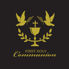holy communion gold icon with chalice and doves isolated on black background