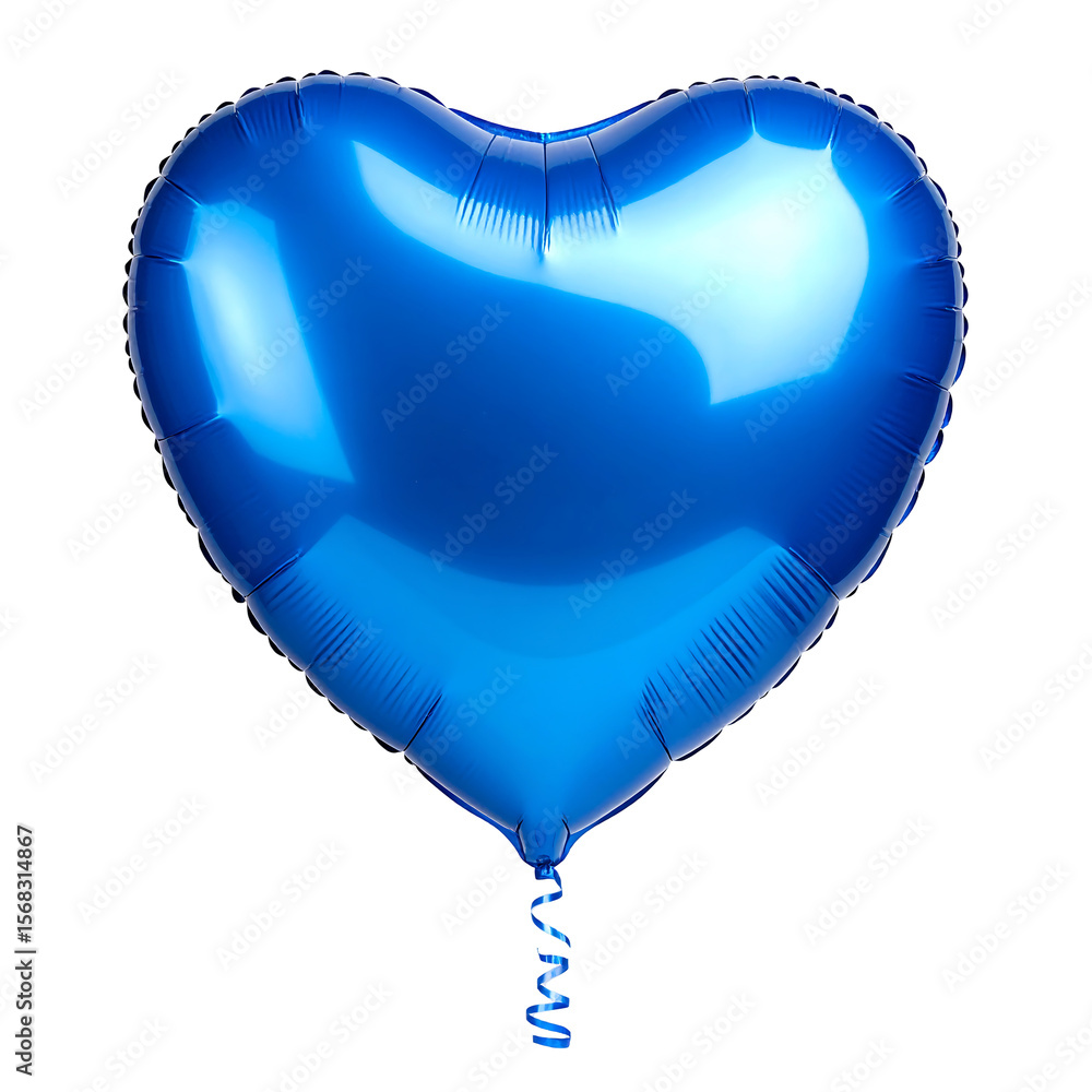 Poster reflective blue heart balloon with curved string on transparent background in 3d render