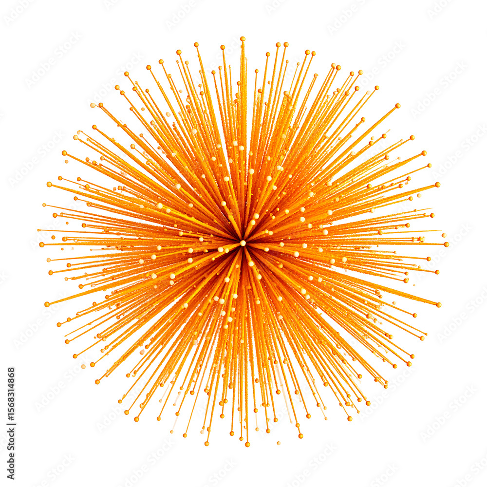 Poster radiating orange fireworks burst with smooth trails and floating particles on transparent backdrop