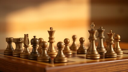 Chess pieces arranged strategically on a wooden board, highlighted by warm directional lighting.