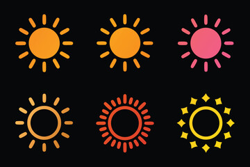 Six Colorful Sun Icons Set on Black Background