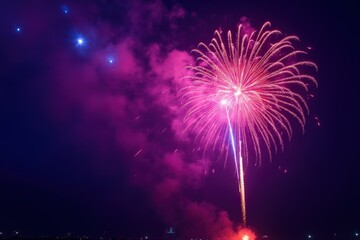 Banner Purple Firework celebrate anniversary happy new year 2024, 4th of july holiday festival. Banner Purple firework night time National holiday. Violet firework New year 2025 festival copy space