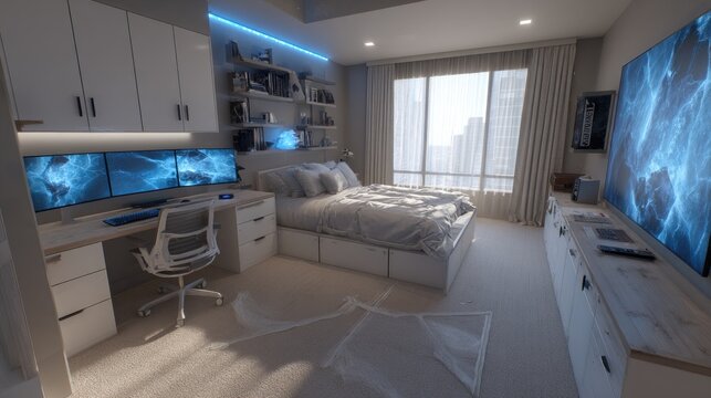Modern, minimalist bedroom/office with gaming setup