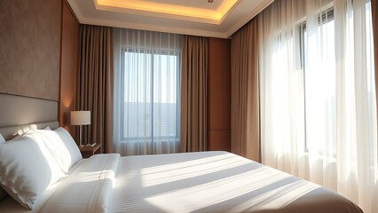 Elegant hotel bedroom with morning sunlight streaming through curtains, creating a serene and inviting atmosphere.