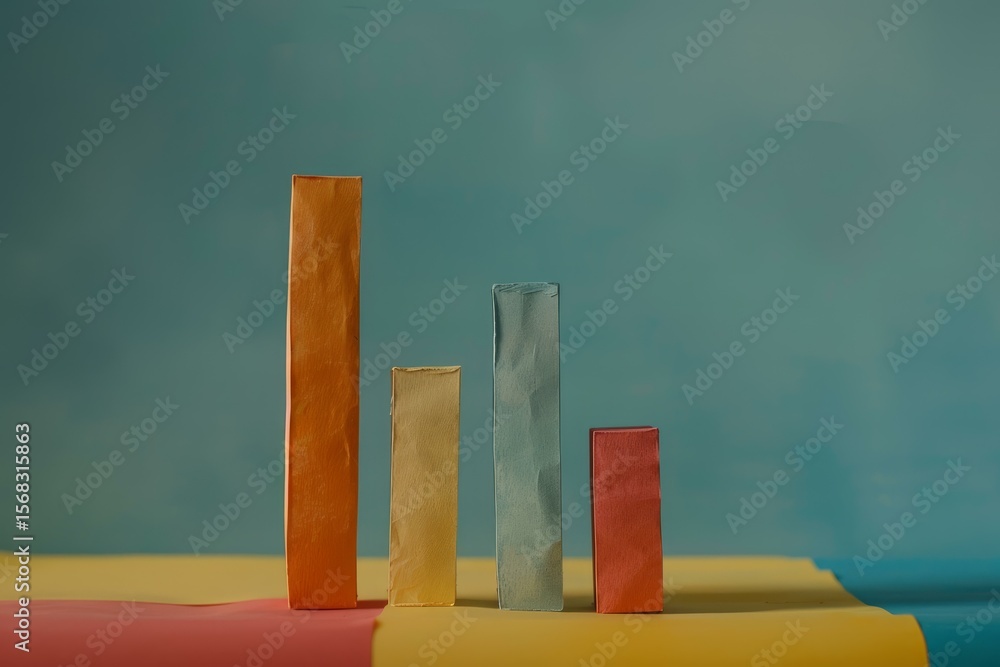 Poster four colorful paper columns are arranged on a yellow surface, representing a growth chart
