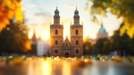Iconic Gothic Style Cathedral with Twin Towers and Sunlit Blurred Background in Cityscape