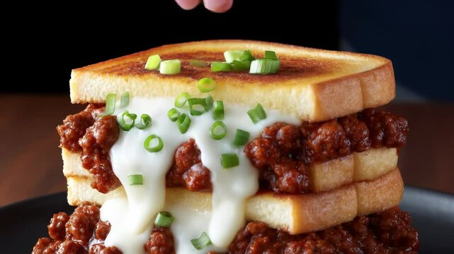 Delicious Sloppy Joe Sandwich with Creamy Sauce - Close-up shot of a stacked sloppy joe sandwich, featuring toasted bread, savory ground beef filling, and a creamy white sauce, garnished with chopped