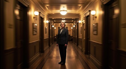 Person standing in a long classical hallway