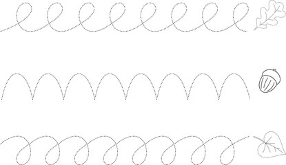 Basic graphomotor exercises. Trace line worksheets for children with autumn leaves and acorn. Preschool handwriting practice. Vector illustration.