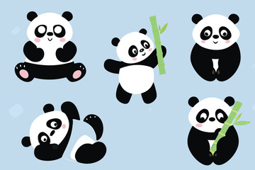 Naklejka premium Adorable Cartoon Pandas Playing and Holding Bamboo