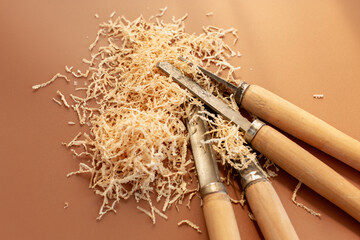 Carpentry tool set with wood shavings