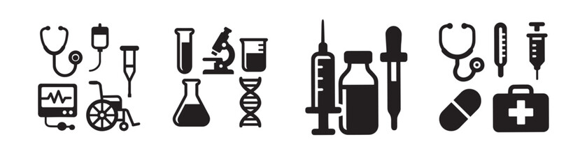 Obraz premium Medical Lab Equipment Silhouette Icons – Black Vector