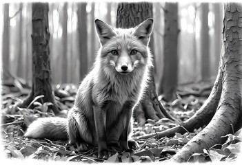 Pencil sketch of a fox in the forest, sitting calmly