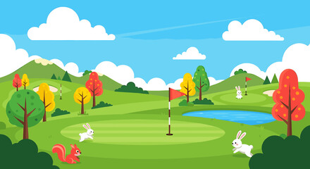 A whimsical autumnal golf course scene with playful rabbits and a squirrel.
