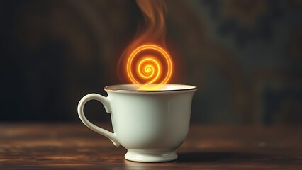 Vintage coffee cup with an infinite glowing spiral, symbolizing longevity and ritual.