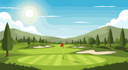 Obraz premium A vibrant illustration of a golf course on a sunny day, with lush greenery, mountains, and a flag.