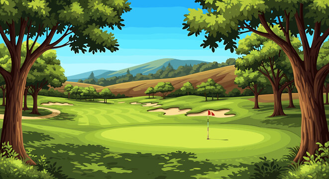 Serene golf course nestled amongst lush green trees and rolling hills under a bright sunny sky.