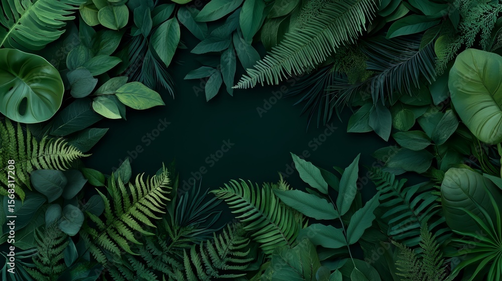 Poster green background with a lot of leaves and a small white circle in the middle. the circle is surround