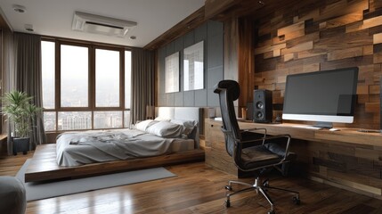 Modern bedroom/office combo with city view.  Wooden accents, large windows, minimalist style