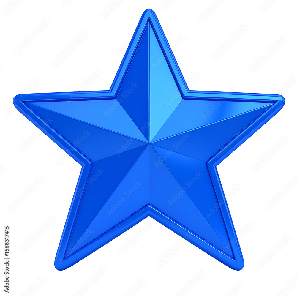Poster shiny blue five pointed star token with beveled edges on transparent background render