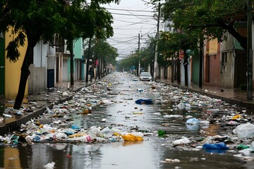 An urban street filled with litter after a storm with plastic bags hanging from trees and drains clogged with waste