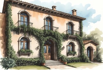 Architectural sketch of a rustic Italian villa with arched windows