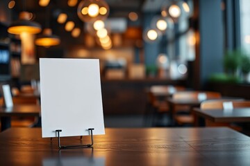 Blank Menu Card on Wooden Table in Restaurant Setting Warm Lighting Background
