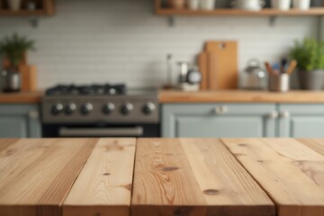 Kitchen wood table top for product display with blurred modern interior. Wooden tabletop over defocused kitchen background. kitchen furniture and desk space. product promotion in the kitchen