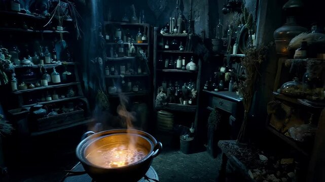 Dark mystical witch cave filled with herbs and ingredients with boiling cauldron releasing steam in magical atmosphere - cool tones and fantasy feel - witchcraft and storytelling