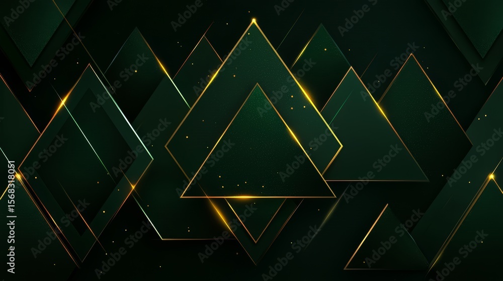 Poster green background with many triangles and gold accents. the triangles are arranged in a way that crea
