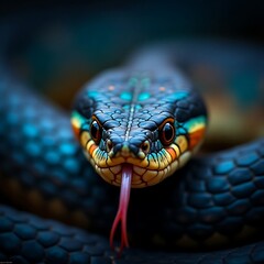 Fototapeta premium Close-up of a Vibrant Blue and Orange Snake's Head