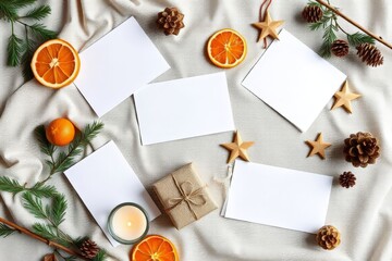 Holiday Greeting Cards with Oranges Pine Cones and Star Decorations on Linen Fabric