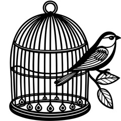 Fototapeta premium A bird perches on a branch near a birdcage on white background