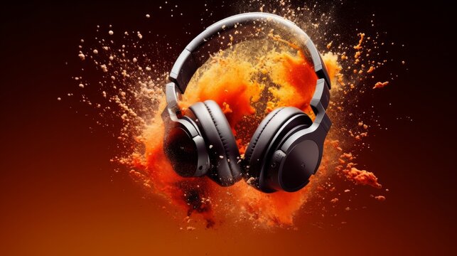 Black wireless headphones are prominently displayed against a vibrant explosion of orange and yellow hues, creating a dynamic and energetic visual experience for music lovers and audio enthusiasts