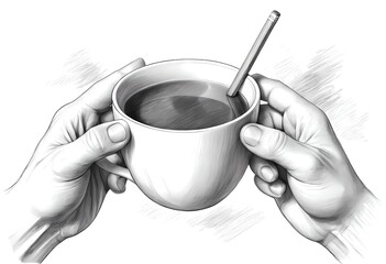 Stylized pencil sketch of hands holding a cup of tea