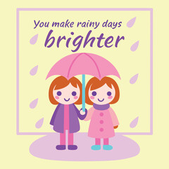 Two Cute Girls Sharing a Pink Umbrella on a Rainy Day Brightening the Mood