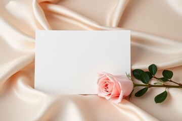 Pink Rose on Silk Background Elegant Invitation Card Mockup Design