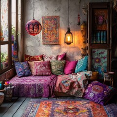 Cozy bohemian room with vibrant textiles, cushions, and antique furniture