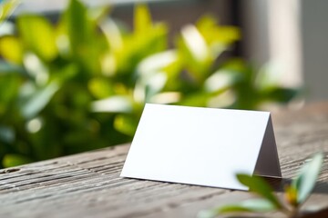 Blank Table Place Card on Wooden Table with Green Background