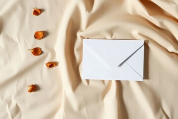 White Envelope with Autumn Leaves on Silk Fabric Background
