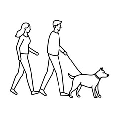young couple walking dog continuous one line vector