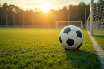 Obraz premium textured soccer game field with soccer ball by sun light. - center, midfield