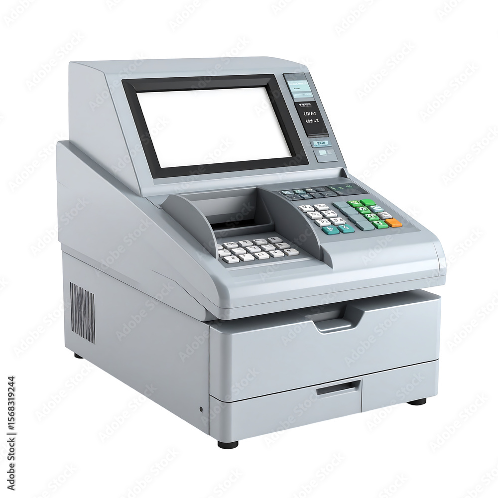Poster silver mint register machine with blank display and rounded buttons on transparent background
