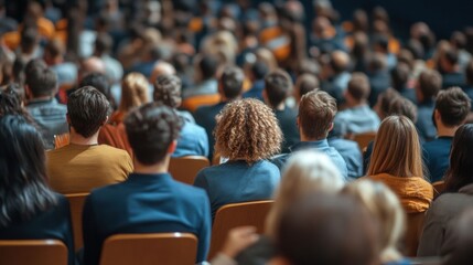 Photo-realistic image of a large crowd at a lecture