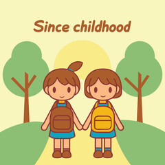 Two Cute Girls Holding Hands Walking to School Since Childhood Friendship