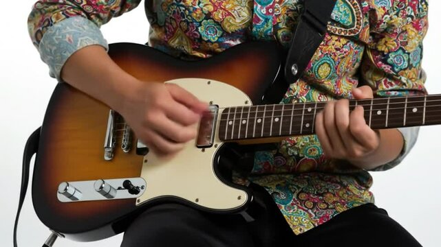 Guitarist plays sunburst Telecaster with paisley shirt