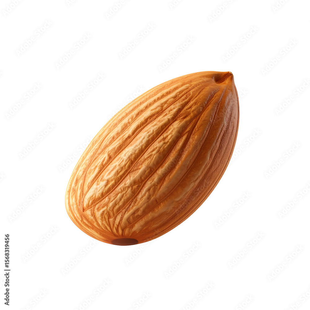 Poster single 3d floating almond with a soft matte light brown shell on transparent background