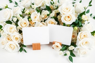 White Roses Blank Cards Wedding Invitation Floral Arrangement Elegant Design