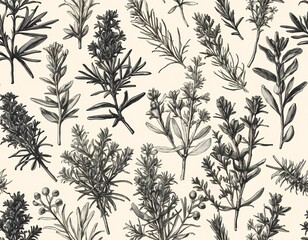 Black ink botanical sketch of herbs like rosemary and thyme