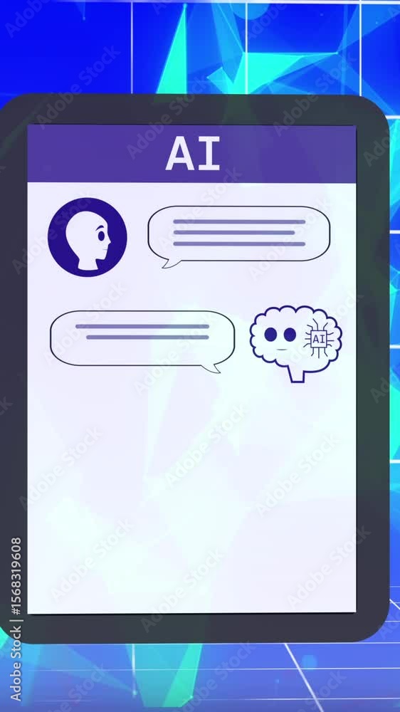 Poster animation of ai chat and data processing over tablet screen and grid